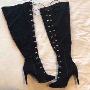 NWT Ashley Stewart Thigh High Heeled Boots Black Size 10W